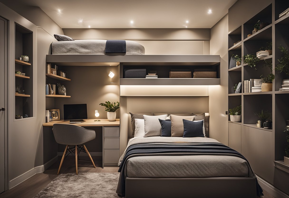 A 10 by 12 bedroom with a loft bed, built-in storage under the bed, a wall-mounted desk, and floating shelves. A small seating area with a cozy armchair and a compact side table. A neutral color palette and strategic lighting