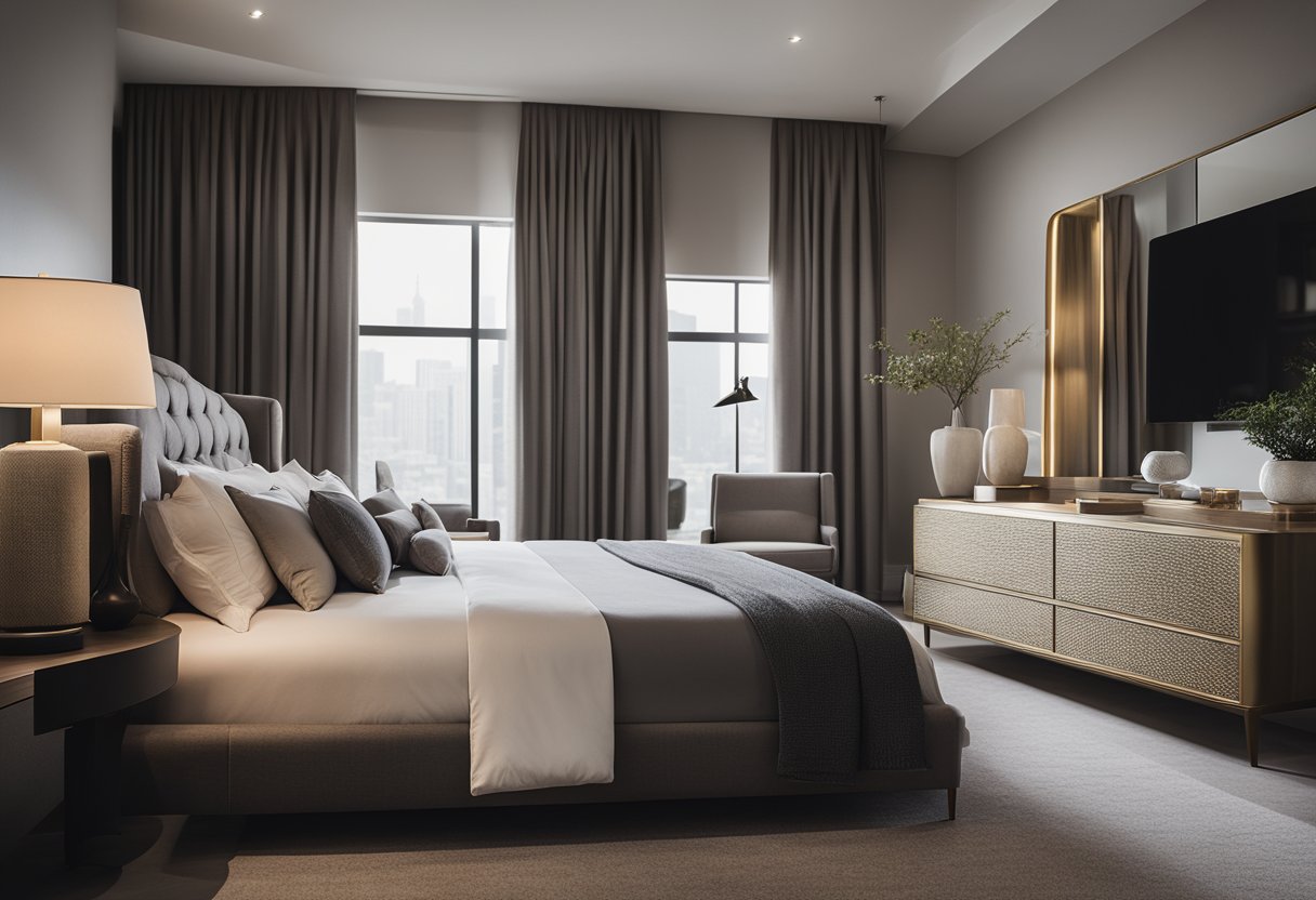 A sleek, modern bed with a tufted headboard sits against a wall, flanked by matching nightstands. A large, statement mirror hangs above a minimalist dresser. A cozy reading nook with a plush armchair and floor lamp completes the