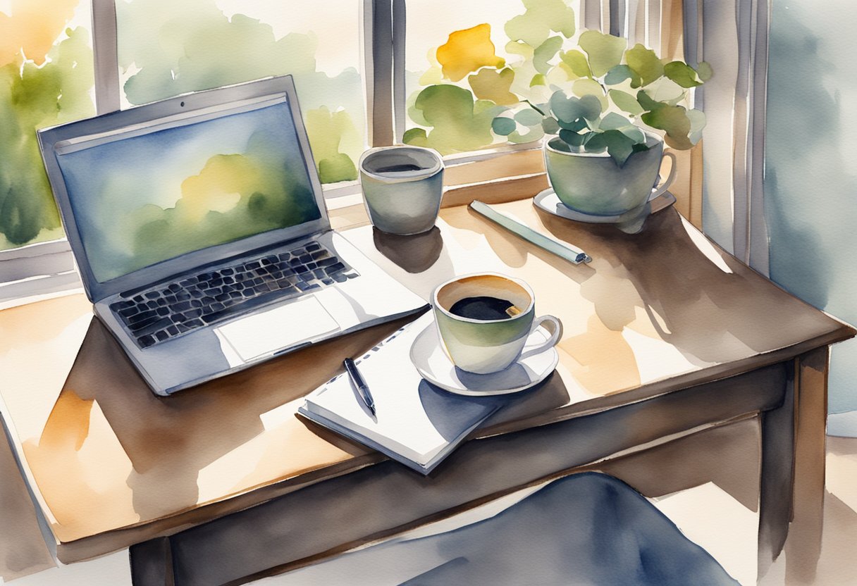 A desk with a laptop, notebook, and pen. A cup of coffee sits nearby. Sunlight streams through the window onto the workspace