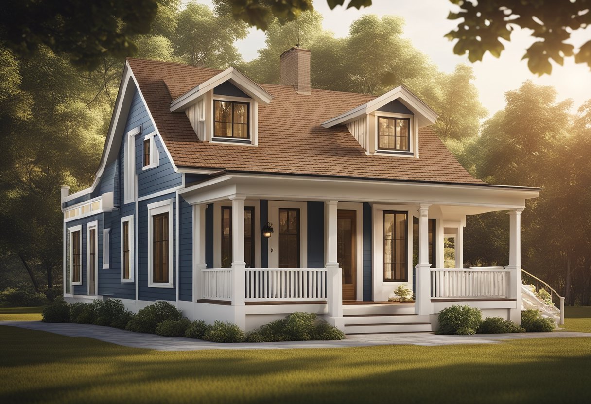 A cozy 2 bedroom house with a front porch, large windows, and a sloped roof. The exterior is painted in warm, inviting colors