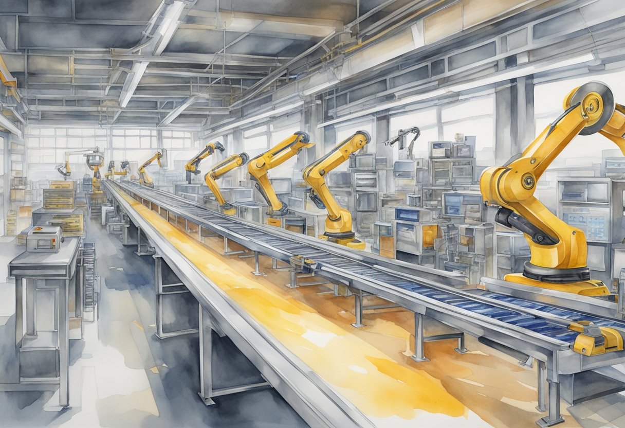 Robotic arms assembling products on a conveyor belt, while software monitors and controls the entire manufacturing process