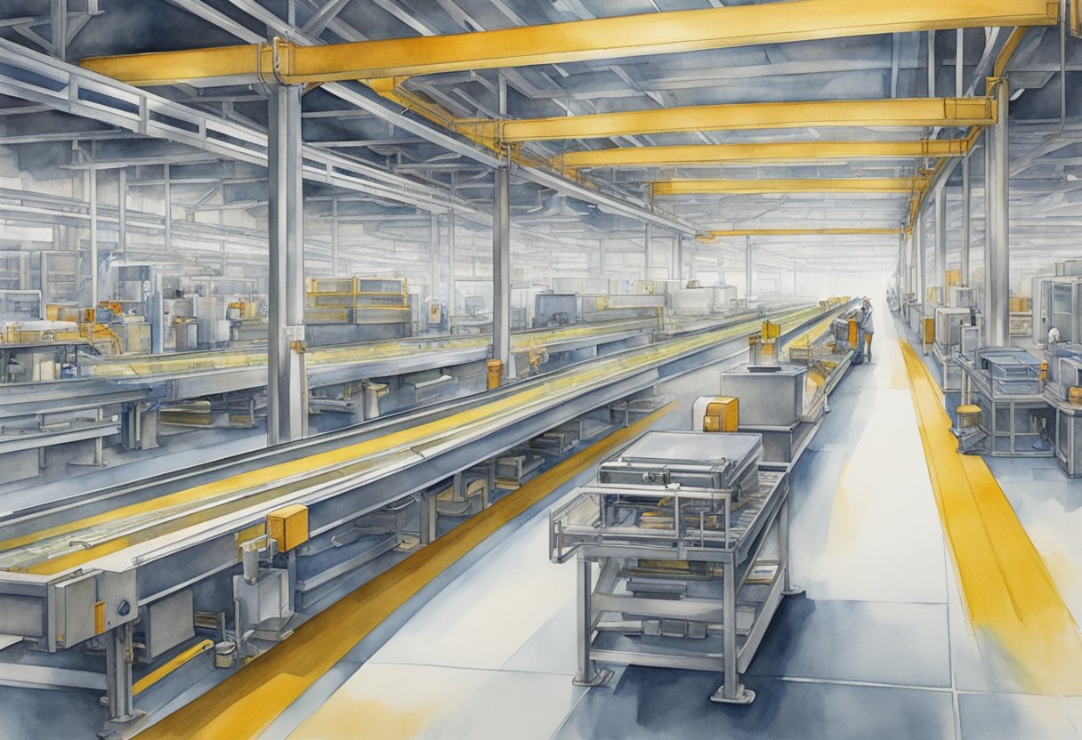 A conveyor belt moves products through a robotic assembly line, while machines perform repetitive tasks in a manufacturing facility