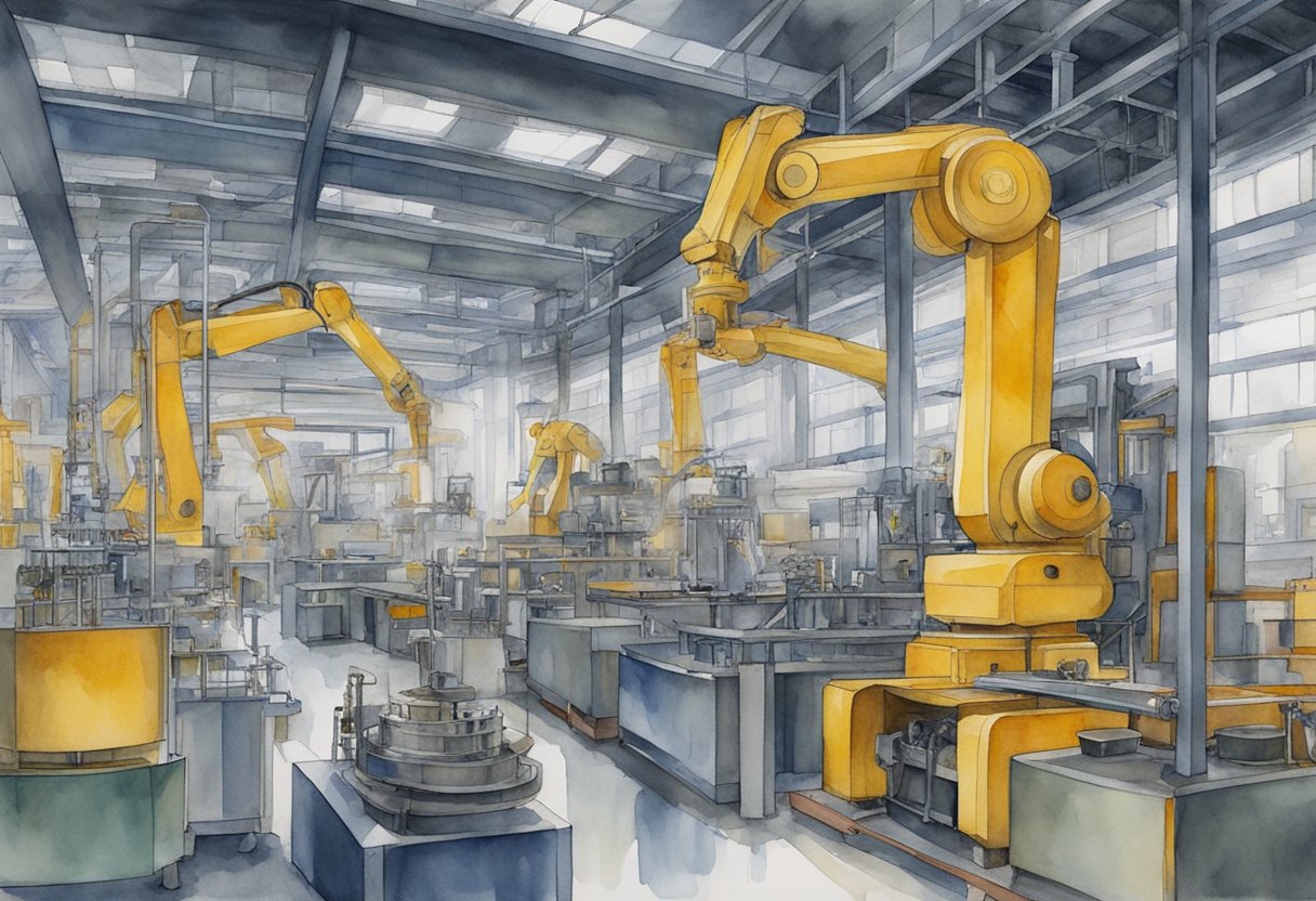 Machines in a factory: soft automation with flexible, adaptable robots alongside hard automation with fixed, repetitive machinery