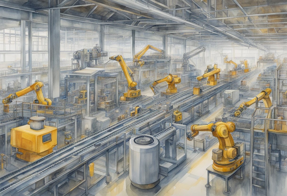 Machines and robots working in a factory, with conveyor belts, robotic arms, and automated processes