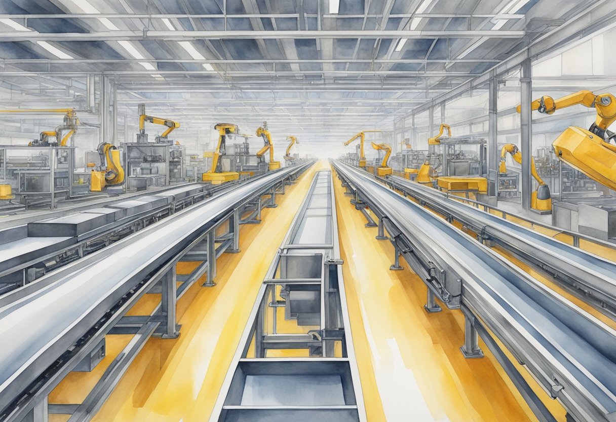 A conveyor belt moves products through a fully automated assembly line, while robotic arms perform precise tasks in a high-tech manufacturing facility