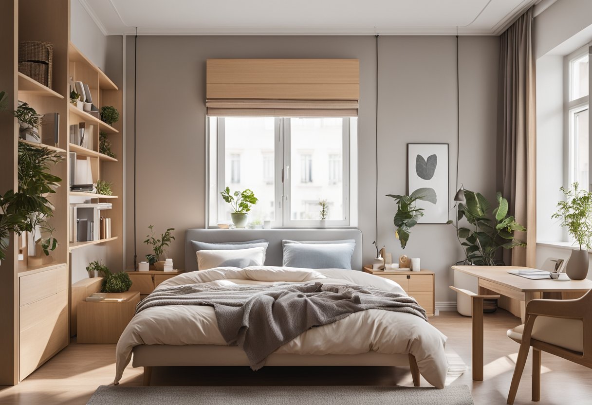 A 3x3 meter bedroom with a cozy bed, a small desk, and a bookshelf against the wall. A window with curtains lets in natural light, and the room is decorated with soft colors and minimalistic furniture