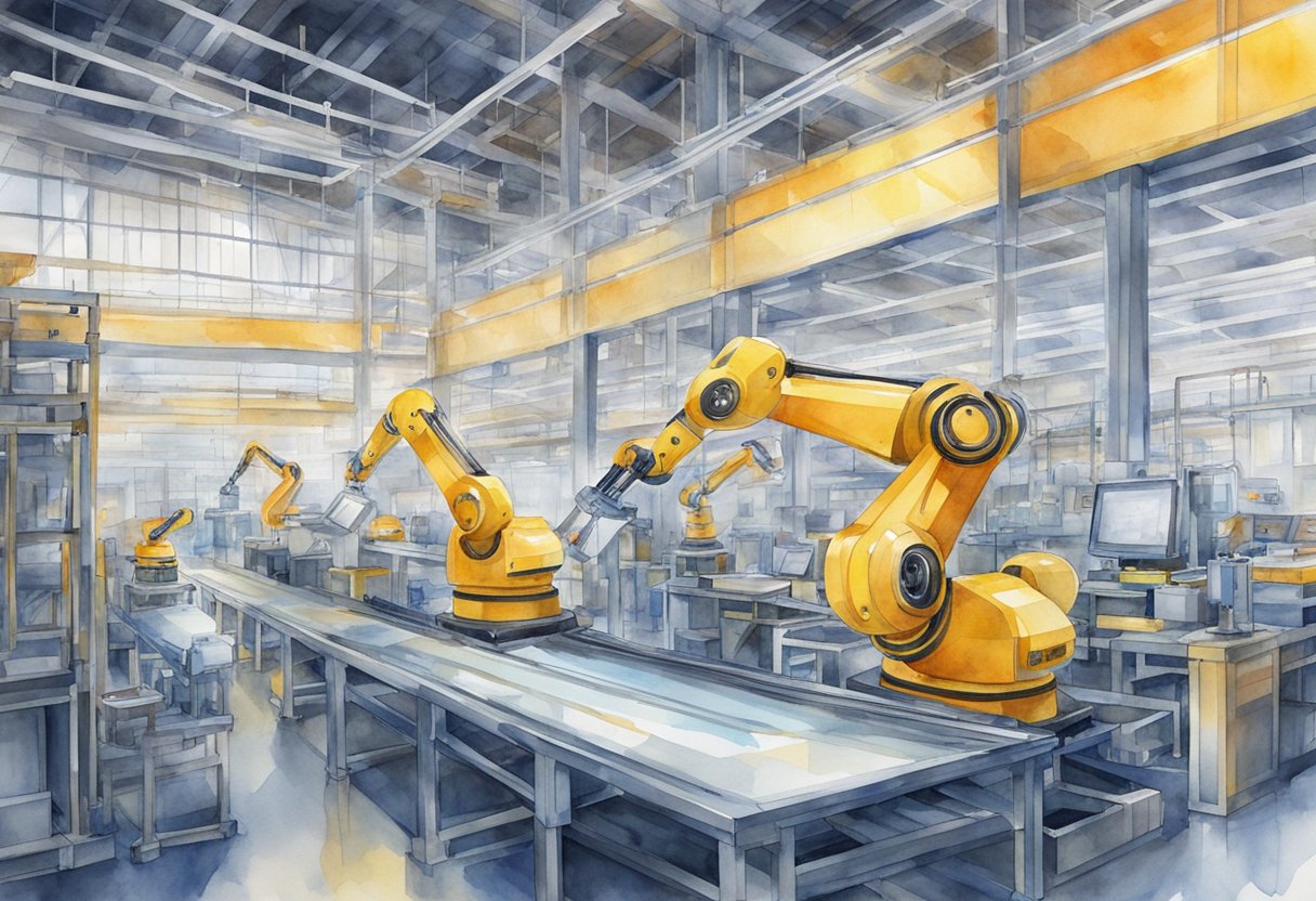 Robotic arms assemble products in a modern factory, while digital systems monitor and control the production line