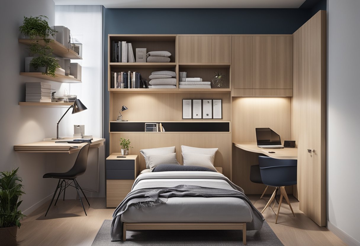 A bed is positioned against the wall, with a foldable desk and chair maximizing the remaining floor space. Shelves and storage units are mounted on the walls to keep clutter off the floor
