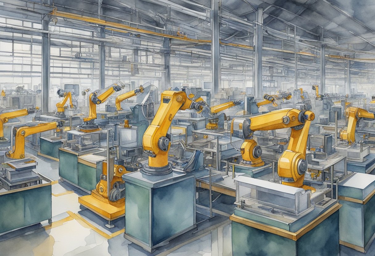 Machines perform repetitive tasks in a factory. Robots assemble products while software automates data entry