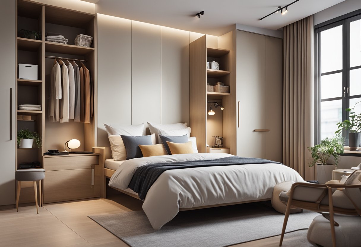 A cozy 3x3 meter bedroom with a simple bed, small desk, and compact wardrobe. Soft lighting and neutral colors create a peaceful atmosphere