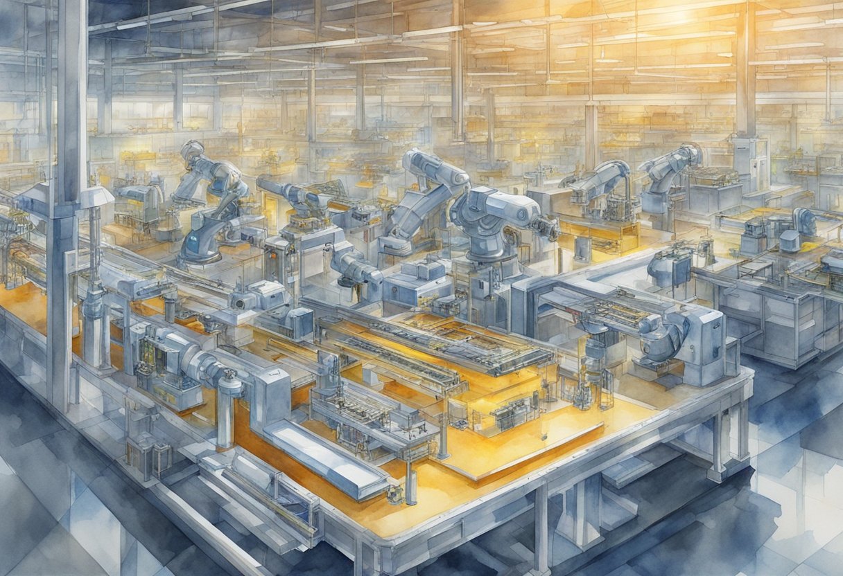 Robotic arms assemble circuit boards in a high-tech factory. Conveyor belts transport components to be soldered by precision machinery