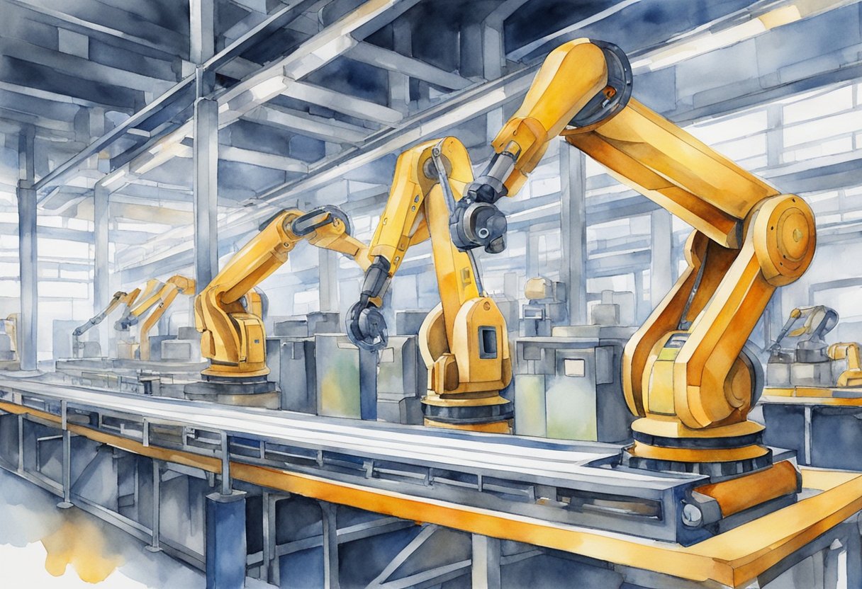 Robotic arms assemble products in a factory. Conveyor belts move materials. Sensors detect and adjust for quality control. Lights indicate machine status