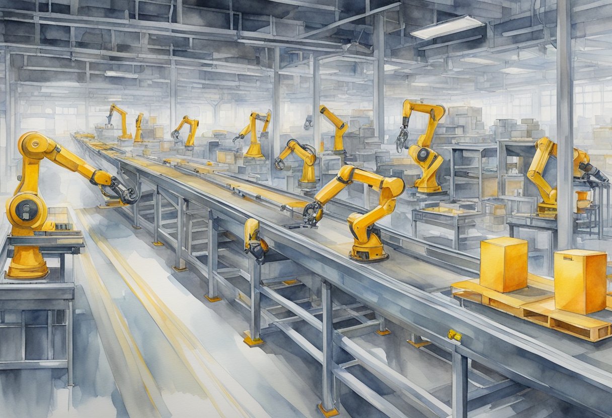 Robotic arms assemble products on a conveyor belt in a factory setting, while automated machines package finished goods