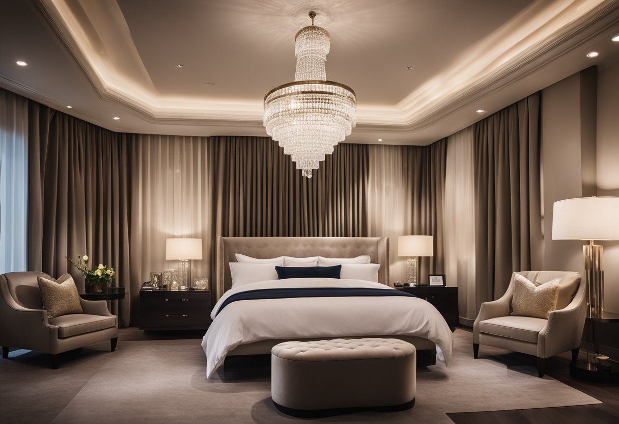 A plush king-sized bed with crisp white linens, a velvet chaise lounge, and a sparkling chandelier create the essence of luxury in a 5-star hotel bedroom design