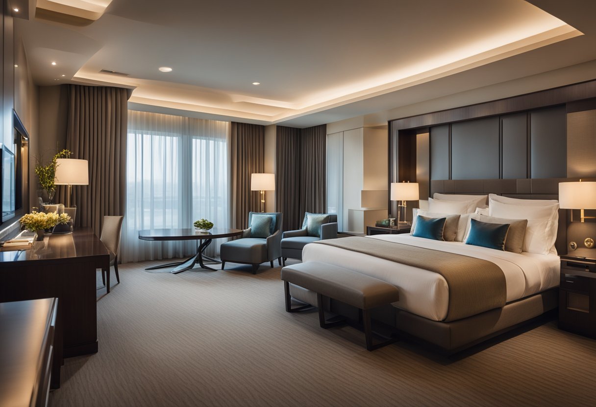A luxurious 5-star hotel bedroom with elegant furnishings, plush bedding, and a spacious layout. Rich fabrics, soft lighting, and modern amenities create a comfortable and sophisticated atmosphere