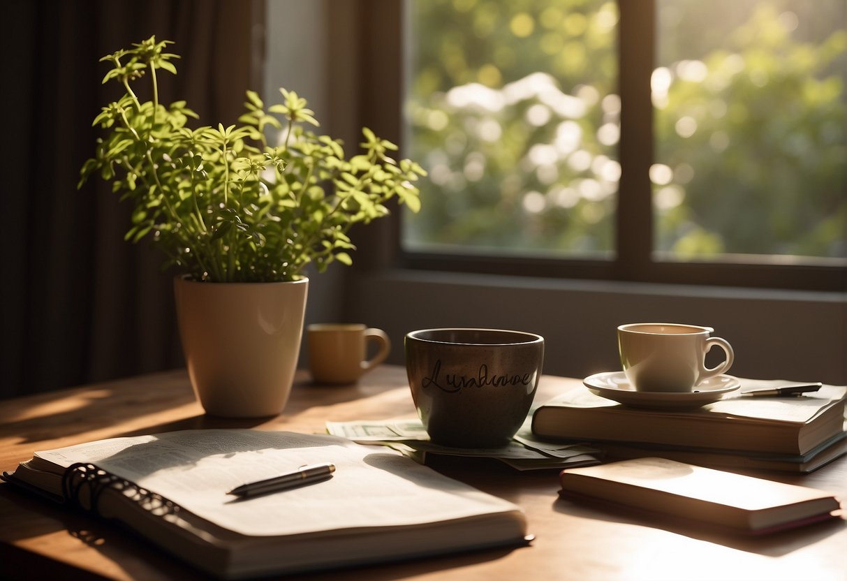 A table with a journal, pen, and a pile of money. A sunlit window overlooks a garden. A sign with "Abundance Mindset Affirmations" hangs on the wall