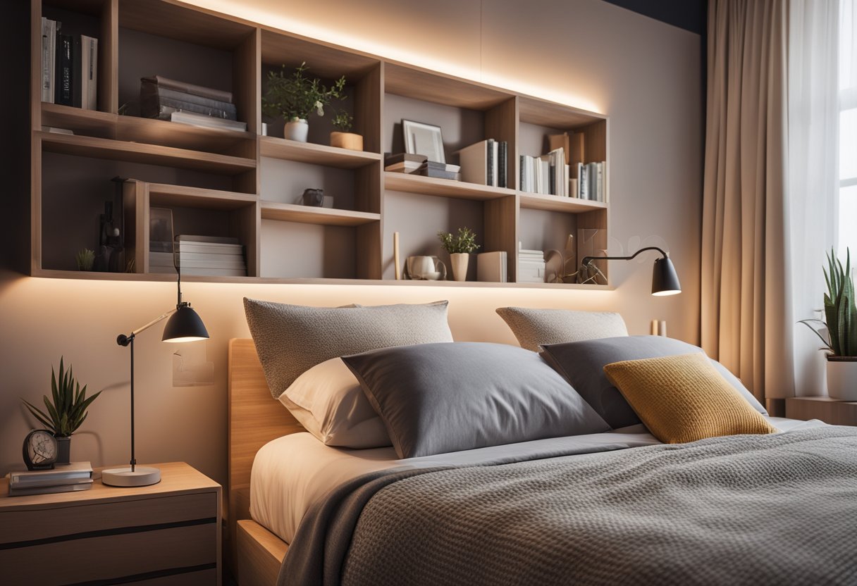 A cozy bedroom with a large, plush bed, soft lighting, and a warm color scheme. A bookshelf and a small desk are neatly arranged against the wall