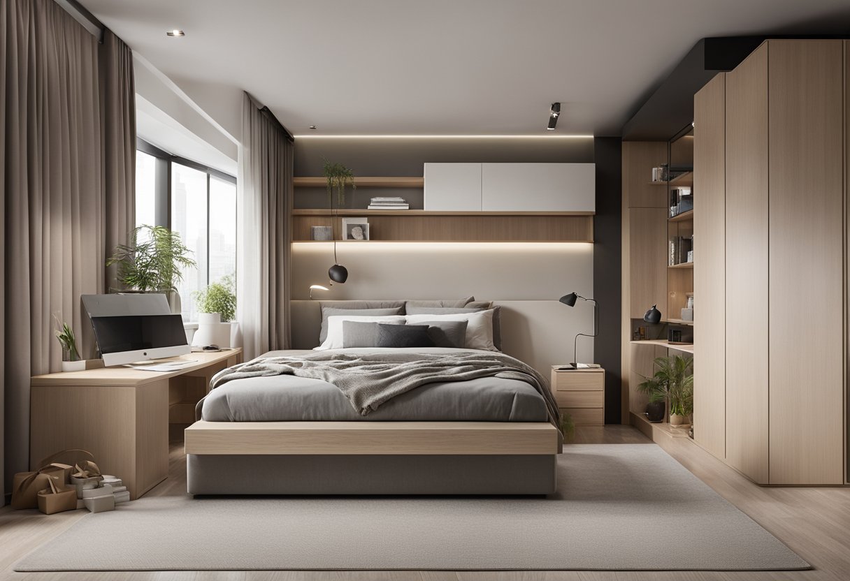 A modern, minimalist 1-bedroom interior with clever storage solutions, multi-functional furniture, and a neutral color palette to maximize space and functionality