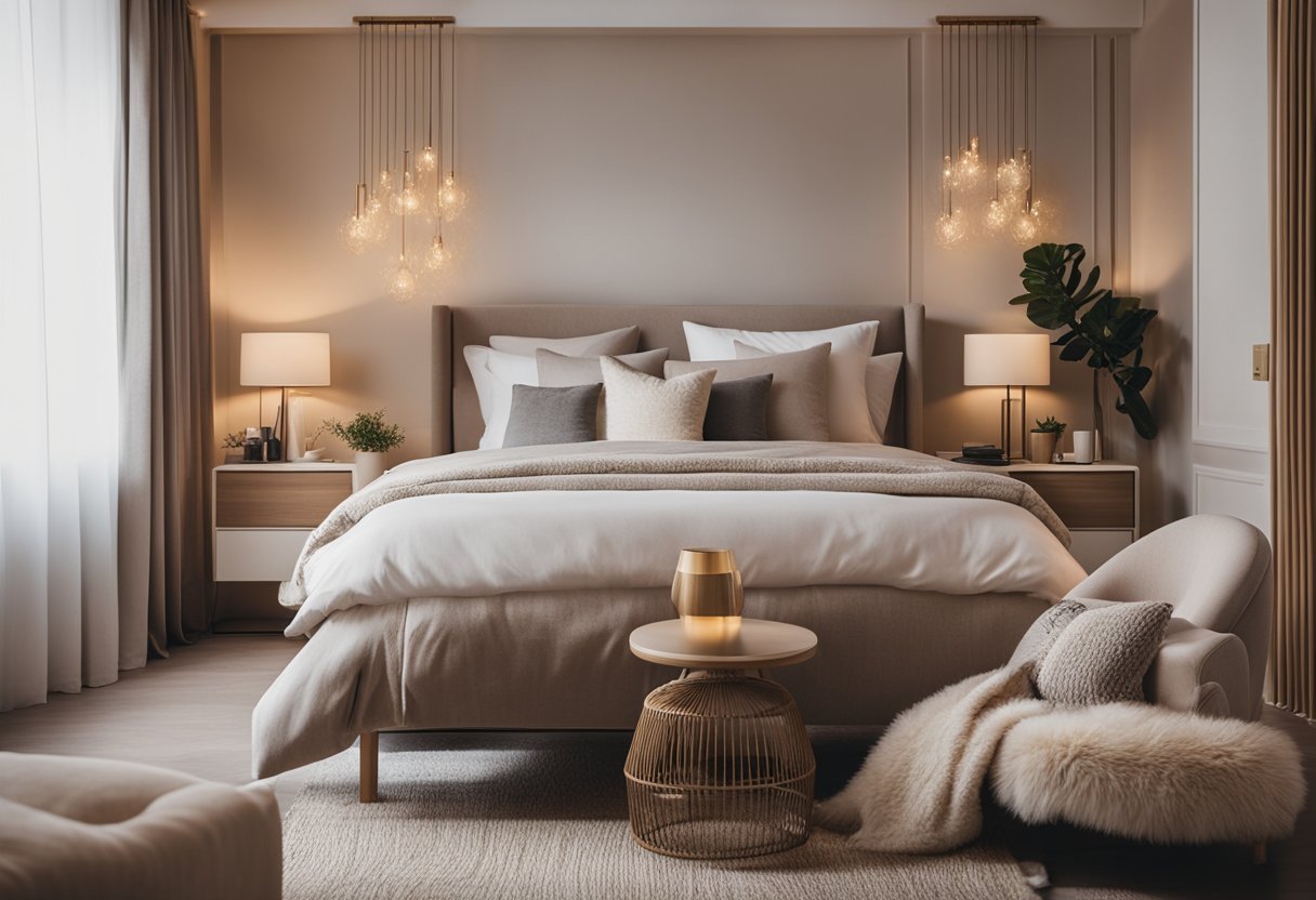 A cozy bedroom with a neutral color scheme, a comfortable bed with plush pillows, a small desk with a stylish chair, and soft lighting creating a warm and inviting atmosphere