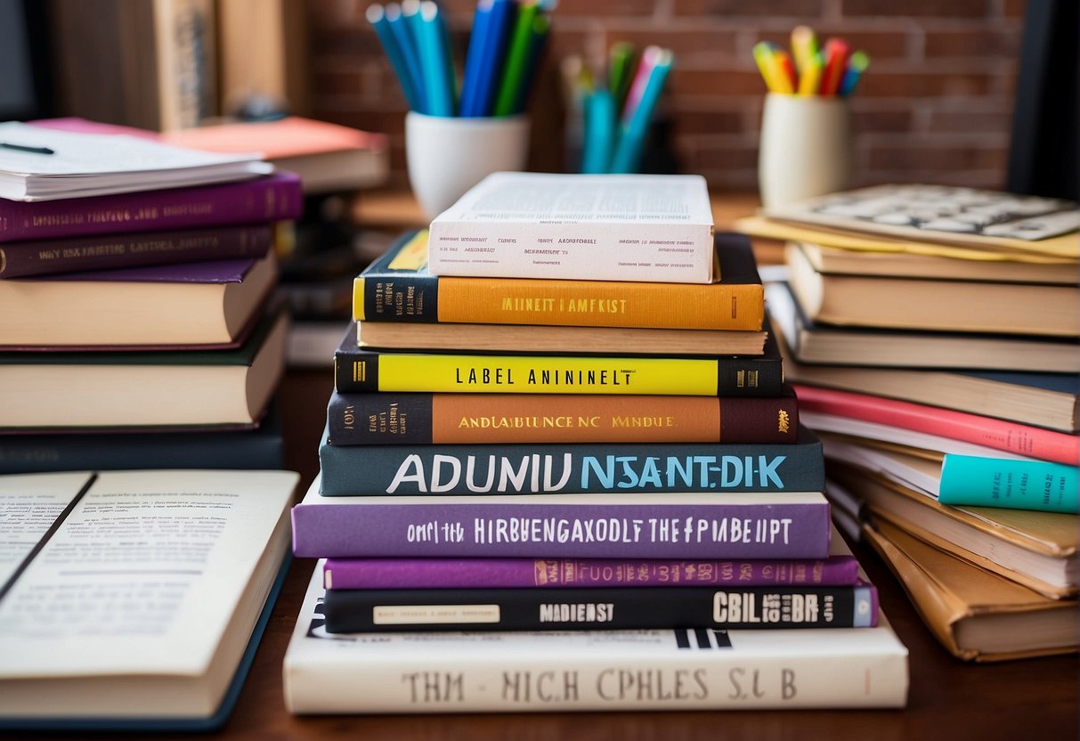 A pile of books and open webpages with titles like "Abundance Mindset Affirmations" scattered around a desk, surrounded by colorful pens and highlighters