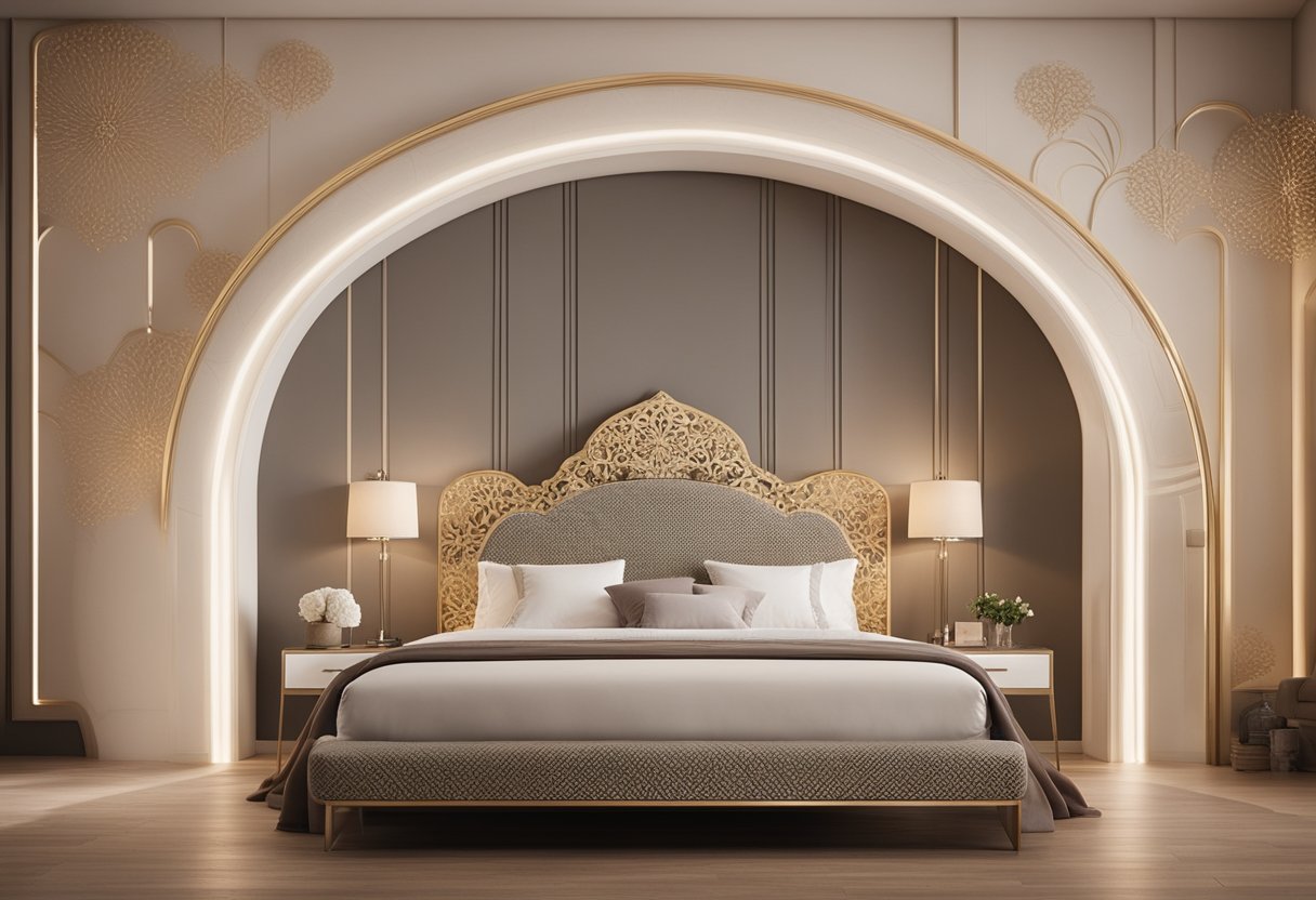 The bedroom features an elegant arch design above the bed, with intricate detailing and a soft, warm color palette