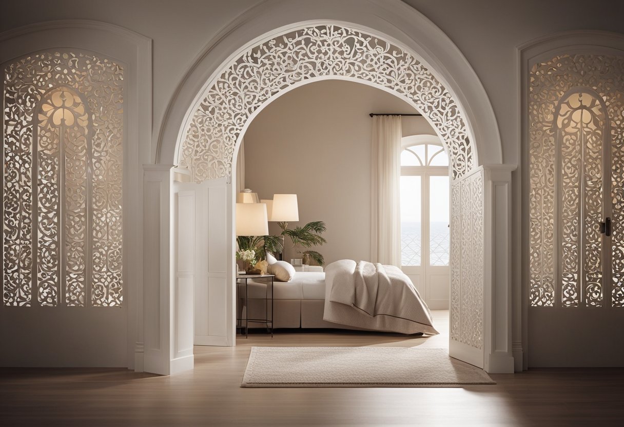 A bedroom with a decorative arch framing the entrance, adorned with intricate patterns and designs. The arch creates a sense of elegance and sophistication in the room