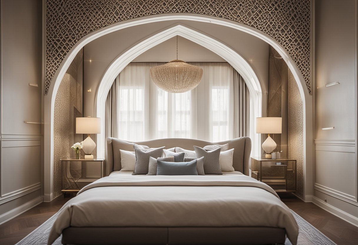 A bedroom with a decorative arch over the bed, featuring intricate patterns and soft lighting, creating a cozy and elegant atmosphere