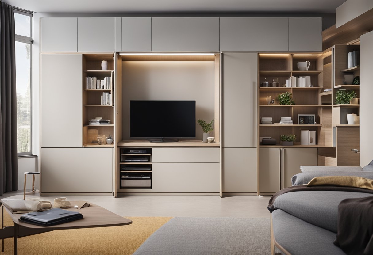 A compact bedroom cabinet with built-in storage, sliding doors, and a space-saving design for small spaces