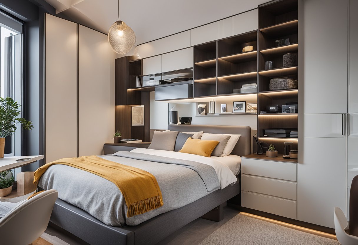 A compact bedroom with a built-in cabinet system. Utilizing vertical and horizontal space for maximum storage. Clean lines and efficient organization
