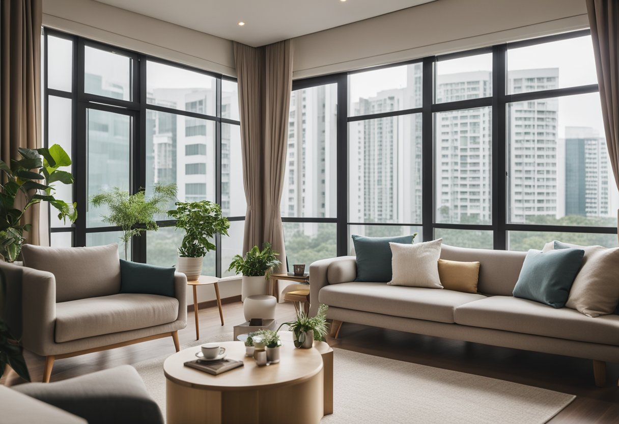 A cozy 3-bedroom HDB with modern furniture, neutral color scheme, and natural light streaming in through large windows