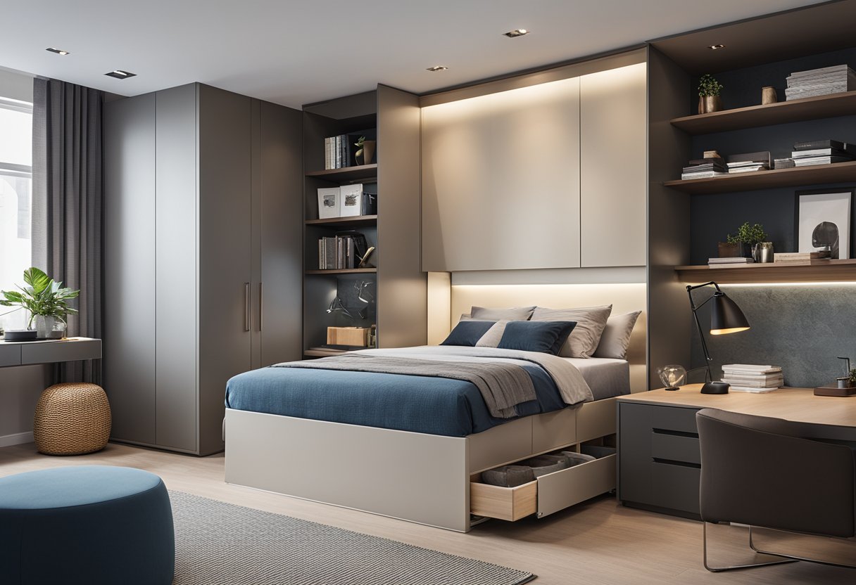 A compact bedroom with a space-saving cabinet design, featuring sleek lines, clever storage solutions, and modern color palette