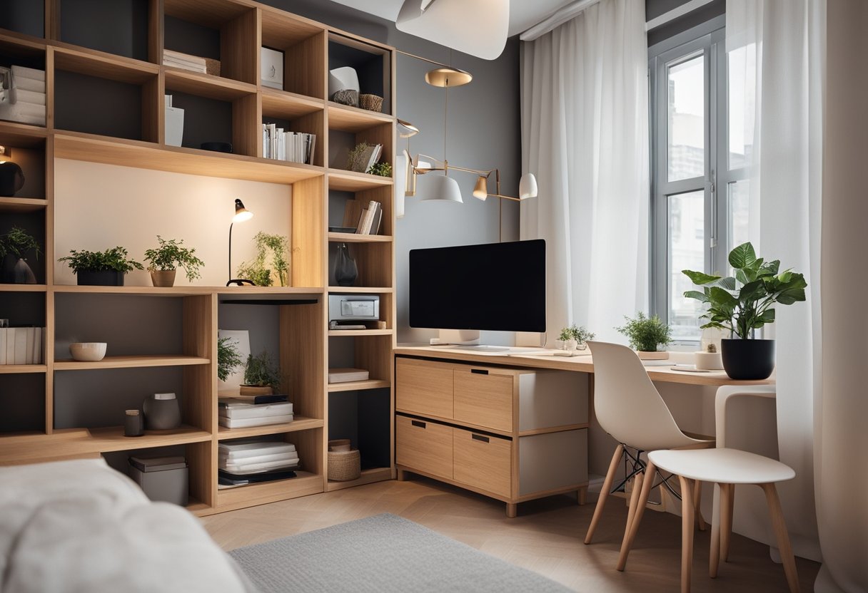 A cozy bedroom with a small cabinet featuring clever storage solutions and space-saving design ideas. A mix of open shelves and closed compartments maximize functionality in the limited space