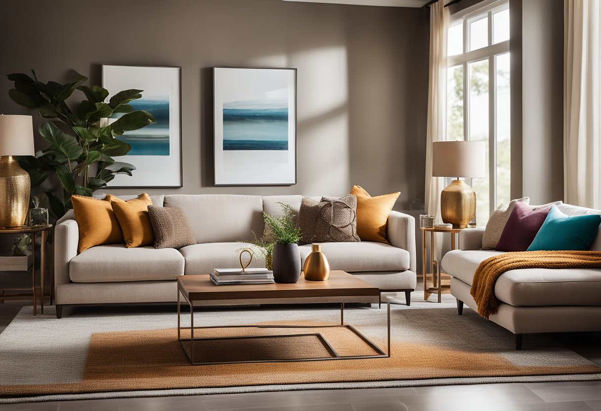 A cozy living room with warm earthy tones, accented with pops of vibrant colors. Textured throw pillows and a soft, plush rug add a touch of comfort. Subtle metallic finishes on the furniture and decor pieces provide a modern touch