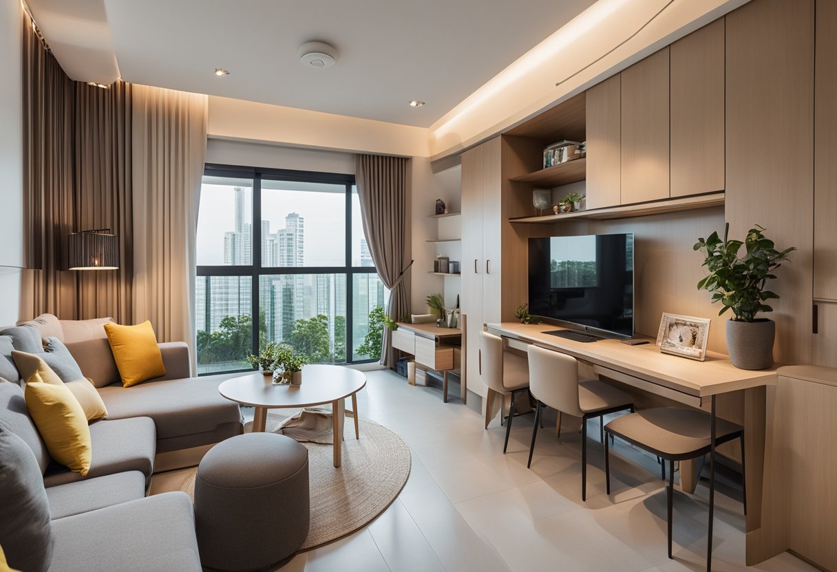A cozy 3-bedroom HDB unit with modern design features and practical layout. Bright natural light fills the space, highlighting the stylish furniture and functional storage solutions