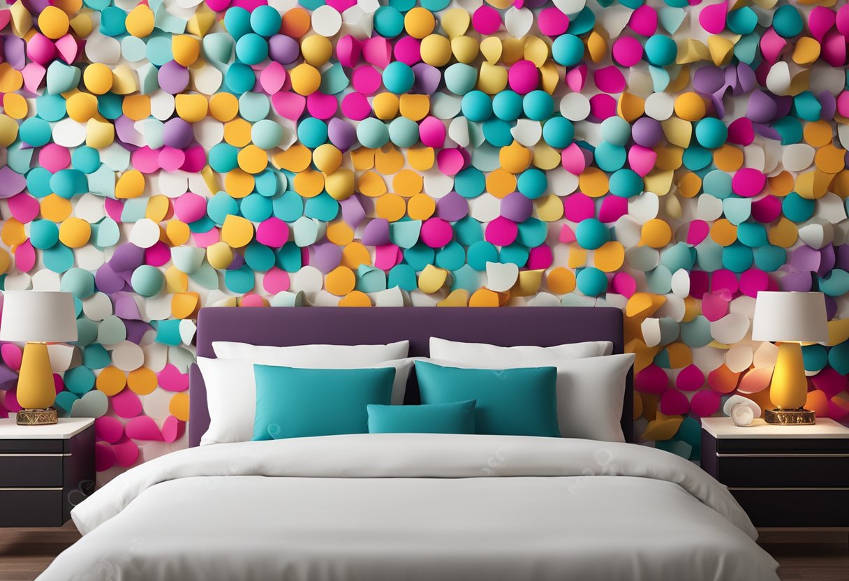 Colorful 3D wall stickers adorn a bedroom, creating a vibrant and playful interior design