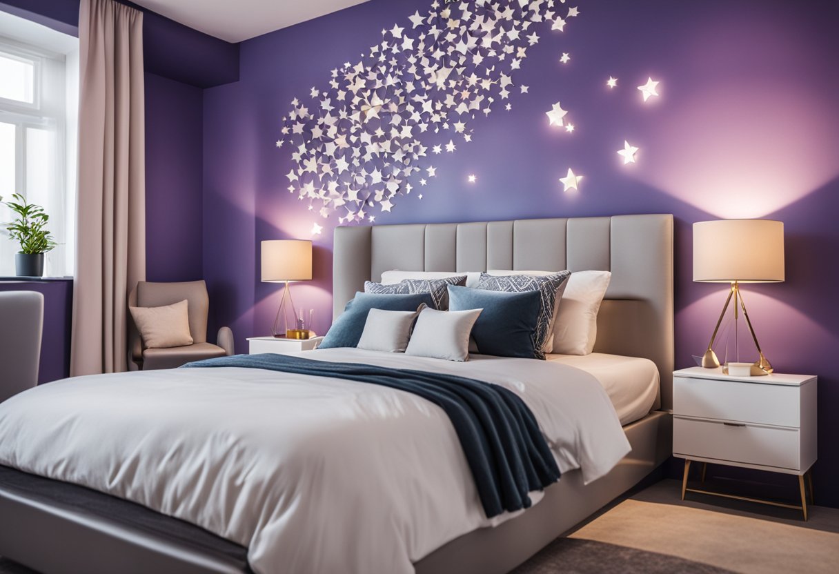 A bedroom with 3D wall stickers, creating a vibrant and immersive interior design