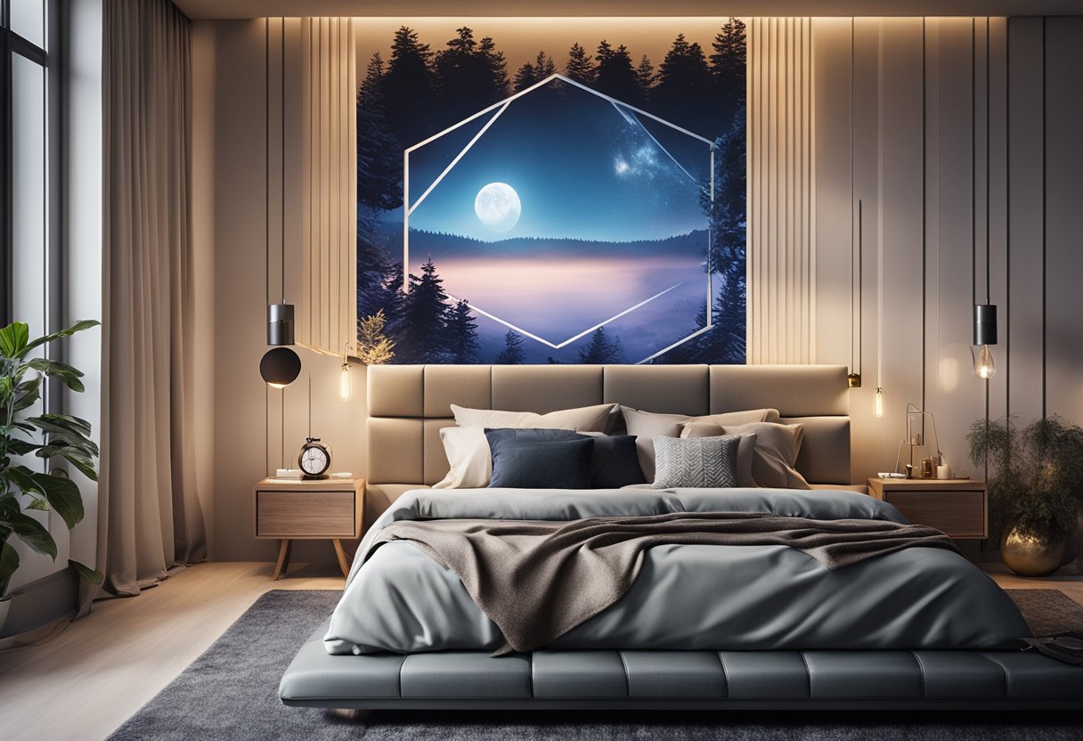 A cozy bedroom with a bed, nightstand, and soft lighting. 3D wall stickers of nature scenes and geometric patterns add depth and interest to the walls