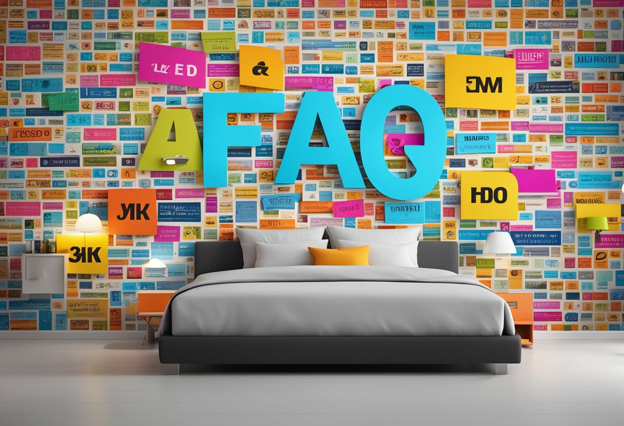 Colorful 3D wall stickers cover bedroom walls, featuring FAQ symbols and text. Bright, modern design enhances the room's interior