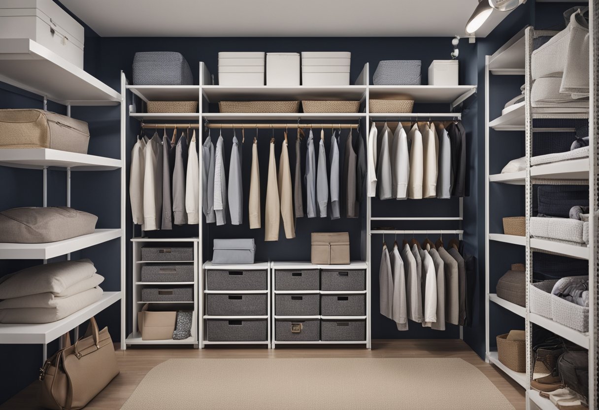 A small closet with shelves, hanging rods, and storage bins neatly organized to maximize space