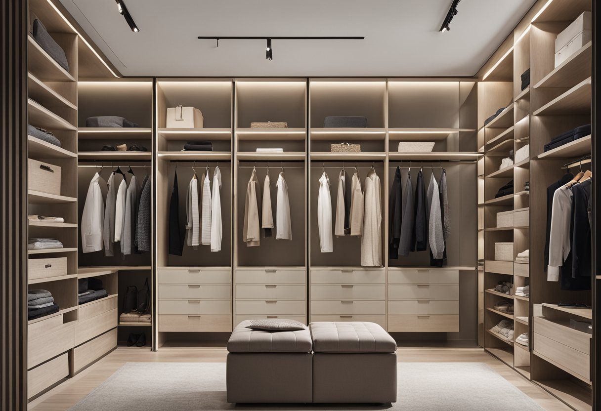 A modern, organized closet with built-in shelves, drawers, and hanging space. Neutral color palette with pops of metallic accents. Clean lines and minimalistic design