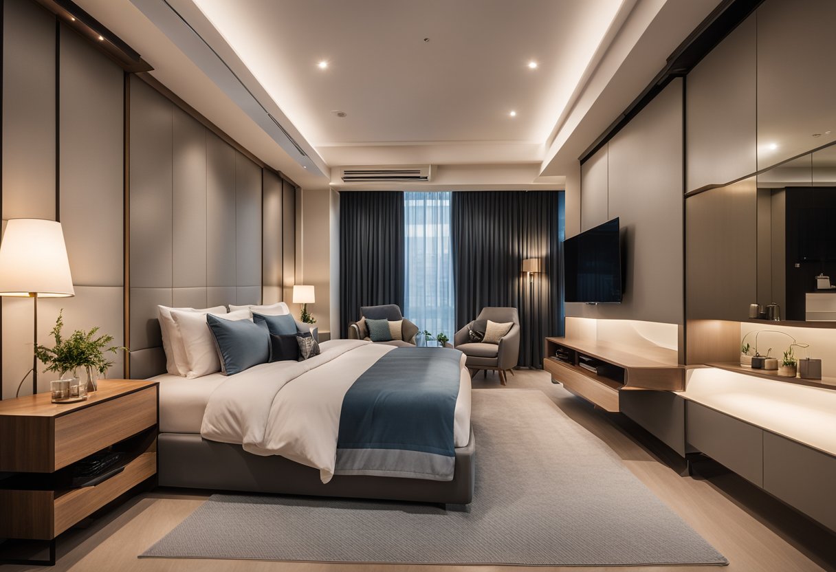 A spacious master bedroom in a 5-room HDB flat, featuring a modern and minimalist design with a large bed, sleek built-in wardrobes, and soft, ambient lighting
