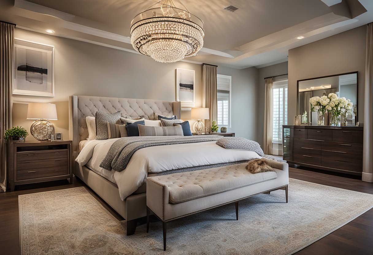 A spacious master bedroom with a cozy king-sized bed, soft, neutral-colored bedding, and a large, elegant headboard. A plush area rug covers the hardwood floors, and a stylish chandelier hangs from the ceiling, casting a warm glow over the