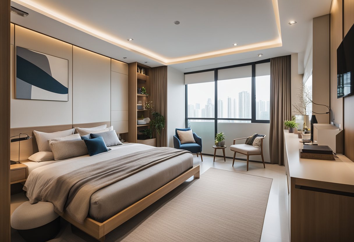 A spacious 5-room HDB master bedroom with modern design features and ample storage. Clean lines, neutral colors, and natural lighting create a serene and inviting atmosphere