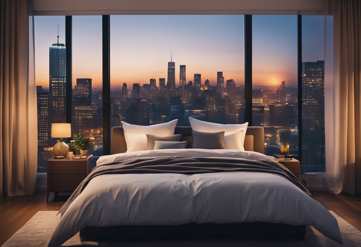 A cozy bedroom with a large, comfortable bed, soft pillows, and warm blankets. A small nightstand with a lamp, books, and a vase of flowers. A window with flowing curtains and a view of the city skyline