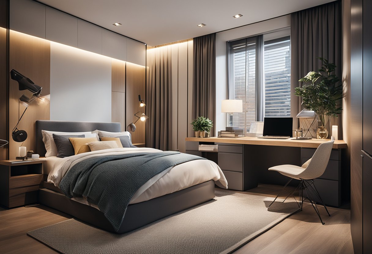 A cozy bedroom with a modern design, featuring a comfortable bed, stylish nightstands, soft lighting, and a sleek desk area for working or studying