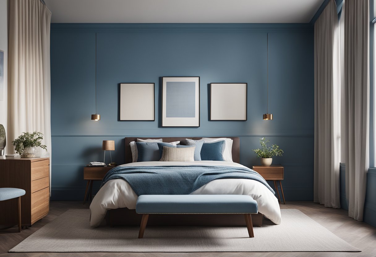 A modern bedroom with a king-sized bed, a sleek dresser, and a large window with sheer curtains. The walls are painted a calming shade of blue, and there is a cozy reading nook in the corner