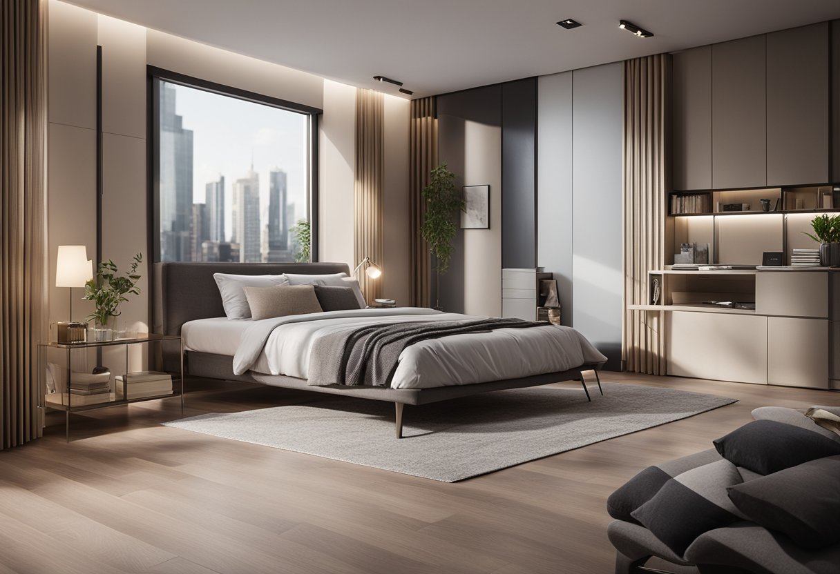 A cozy bedroom with a modern design, featuring a comfortable bed, stylish furniture, and a sleek autocad workstation
