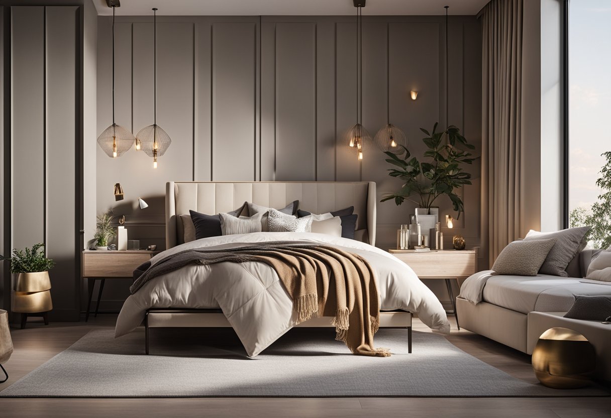 A modern bedroom with a cozy bed, sleek furniture, and soft lighting. A neutral color palette with pops of vibrant accents