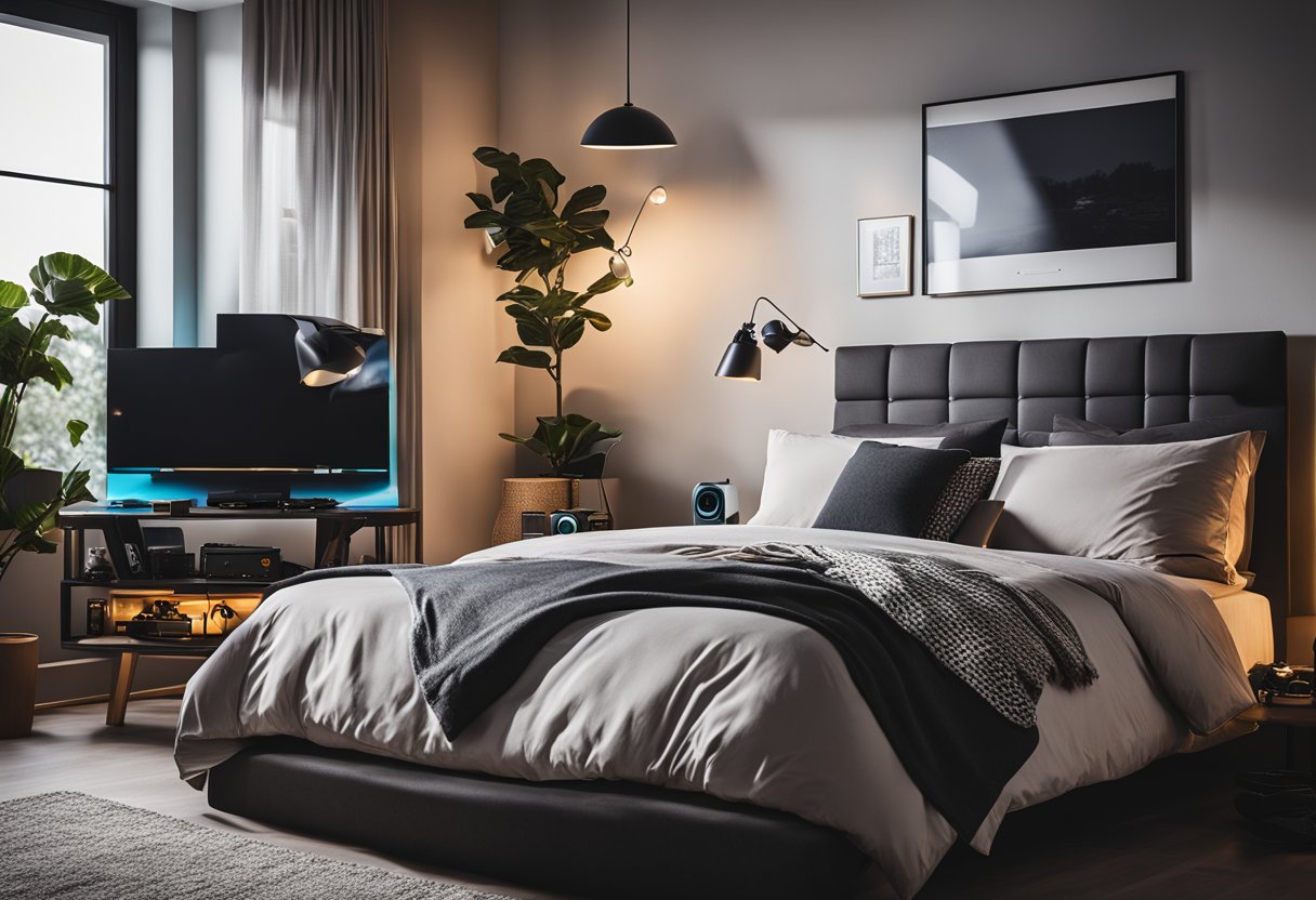 A cozy bedroom with a large, comfortable bed, soft lighting, and a gaming console set up on a sleek, modern desk. Posters of favorite games and a collection of gaming accessories add to the immersive experience