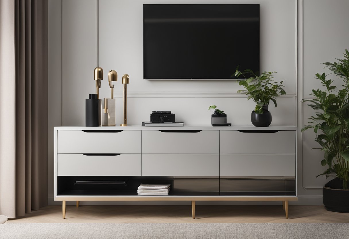 A sleek, modern bedroom cabinet with clean lines and a glossy finish, featuring adjustable shelves and hidden storage compartments